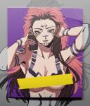  1girl arm_tattoo arms_behind_head black_hair body_markings breasts censored chest_tattoo cleavage completely_nude extra_eyes facial_mark forehead_mark genderswap genderswap_(mtf) hand_in_own_hair hands_up highres jujutsu_kaisen large_breasts long_hair looking_at_viewer mesuki_peropero multicolored_hair nude parted_lips photo_(medium) red_eyes red_hair ryoumen_sukuna_(jujutsu_kaisen) shoulder_tattoo smile solo tattoo two-tone_hair upper_body 