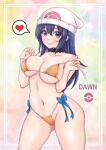  1girl beanie bikini blue_eyes blue_hair breasts character_name collarbone dawn_(pokemon) hat heart long_hair medium_breasts misune_art navel orange_bikini poke_ball_symbol pokemon smile spoken_heart swimsuit 