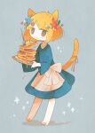  1girl :o animal_ears animal_feet apron black_eyes blonde_hair blue_dress blue_flower bow butter cat_ears cat_girl cat_tail dress fang flower food fork full_body green_background hair_flower hair_ornament highres holding holding_tray long_sleeves looking_at_viewer open_mouth original pancake pancake_stack parted_bangs pawpads red_flower red_ribbon ribbon short_hair sidelocks simple_background solo tail tail_ornament tail_ribbon tray waist_apron white_apron white_bow white_flower yaigi 