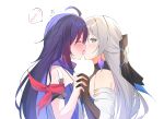  2girls absurdres ahoge bare_shoulders blush bronya_rand closed_eyes commentary earrings english_commentary french_kiss grey_eyes grey_hair half_updo highres honkai:_star_rail honkai_(series) interlocked_fingers jewelry kiss long_hair multiple_girls purple_hair rupinn_art seele_(honkai:_star_rail) simple_background spoken_blush sweatdrop upper_body white_background yuri 