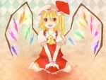  1girl argyle argyle_background ascot barefoot blonde_hair brown_background collared_shirt crystal flandre_scarlet frilled_skirt frills full_moon glowing glowing_wings hair_between_eyes hat medium_hair mob_cap moon multicolored_wings one_side_up open_mouth puffy_short_sleeves puffy_sleeves red_eyes red_ribbon red_skirt red_vest ribbon ribbon-trimmed_headwear ribbon_trim segawa_ichiko shirt short_sleeves simple_background sitting skirt skirt_set solo teeth touhou upper_teeth_only vest wariza white_headwear white_shirt wings wrist_cuffs yellow_ascot 