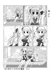  2girls ^_^ ^o^ anger_vein braid broom bubble_blowing bucket closed_eyes comic eyes_closed greyscale hat kantai_collection long_hair ma_rukan mini_hat monochrome multiple_girls pola_(kantai_collection) pout reflection sitting translation_request zara_(kantai_collection) 