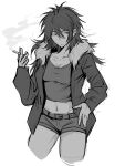  1girl breasts chi_cheng chinese_commentary cigarette cleavage closed_mouth commentary_request cowboy_shot crop_top cropped_legs fur-trimmed_jacket fur_trim genderswap genderswap_(mtf) greyscale hair_between_eyes hand_on_own_hip hand_up highres holding holding_cigarette isoi_reiji jacket long_hair long_sleeves medium_hair monochrome navel open_clothes open_jacket saibou_shinkyoku sanpaku short_shorts shorts simple_background sketch smoke white_background 