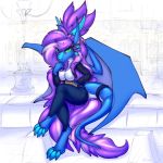  2018 4_toes anthro clothed clothing detailed_background digital_media_(artwork) dragon female green_eyes hair membranous_wings oksara purple_hair sitting solo toes wings 