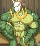 animal_genitalia anthro biped countershade_face countershade_neck countershade_torso countershading dingding_(artist) genital_slit genitals green_body hi_res male muscular muscular_anthro muscular_male pecs scalie slit solo striped_body stripes tail terraria witch_doctor_(terraria)