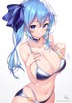  1girl alternate_breast_size bikini blue_bikini blue_choker blue_eyes blue_hair blue_nails blue_ribbon breasts choker cleavage closed_mouth collarbone hair_ribbon high_side_ponytail hololive hong_(white_spider) hoshimachi_suisei large_breasts long_hair looking_at_viewer navel ribbon simple_background smile solo stomach strap_gap swimsuit virtual_youtuber white_background 