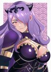  1girl absurdres armor breasts camilla_(fire_emblem) cleavage_cutout clothing_cutout fire_emblem fire_emblem_fates hair_between_eyes hair_over_one_eye highres horn_ornament horns ihsnet kuji-in large_breasts long_hair looking_at_viewer parted_bangs purple_hair red_eyes sidelocks smile solo tiara upper_body 