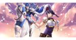  1boy 1girl absurdres armor beckoning black_hair blue_cape blue_hair breastplate cape cloud commission commissioner_upload crying crying_with_eyes_open fire_emblem fire_emblem:_genealogy_of_the_holy_war gloves happy happy_tears headband highres horse horseback_riding larcei_(fire_emblem) looking_at_another open_hand outstretched_arm outstretched_hand purple_tunic reaching reins riding saddle seliph_(fire_emblem) short_hair shoulder_armor sky smile tearing_up tears tunic white_headband white_horse xiiicaelum 