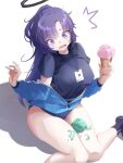  1girl black_shirt blue_archive blue_jacket blush breasts food halo highres holding holding_food ice_cream id_card jacket komena_(shinyday312) lanyard large_breasts long_hair long_sleeves mechanical_halo official_alternate_costume official_alternate_hairstyle open_clothes open_jacket open_mouth purple_eyes purple_hair shirt short_sleeves simple_background solo track_jacket white_background yuuka_(blue_archive) yuuka_(track)_(blue_archive) 