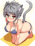  1girl animal_ears ashroa_(cougar1404) barefoot bikini blush breasts cat_ears cat_girl cat_tail cleavage closed_mouth cougar_(cougar1404) grey_bikini grey_hair halterneck hands_on_own_knees kneeling light_frown medium_breasts original shadow short_hair side-tie_bikini_bottom solo sweatdrop swimsuit tail yellow_eyes 