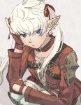  1girl alisaie_leveilleur alternate_hairstyle blue_eyes blush elezen elf final_fantasy final_fantasy_xiv fingerless_gloves gloves grey_background hair_ribbon hand_on_own_face highres jacket long_hair nomu_poncha parted_lips pointy_ears red_gloves red_jacket red_ribbon ribbon solo squatting twintails white_hair 