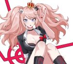  1girl bear_hair_ornament black_bra black_choker black_footwear black_shirt blue_eyes blush bra breasts choker collarbone crown danganronpa:_trigger_happy_havoc danganronpa_(series) enoshima_junko hair_ornament hand_up highres hy_(fjvlg) knees_up large_breasts long_sleeves nail_polish red_background red_nails shiny_skin shirt solo tongue tongue_out twintails underwear white_background 