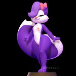 3d_(artwork) bow_ribbon breasts digital_media_(artwork) female fifi_la_fume fluffy genitals hi_res looking_back mammal mephitid nipples nonotoys pinup pose purple_body pussy skunk small_breasts smile solo standing tiny_toon_adventures walking warner_brothers white_body wide_hips