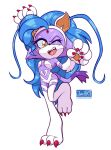  absurdres animal_ears animal_hands blaze_the_cat blue_hair cat_ears cat_girl cat_paws cat_tail claws cosplay felicia_(vampire) felicia_(vampire)_(cosplay) forehead_jewel furry furry_female highres jamoart looking_at_viewer one_eye_closed open_mouth purple_fur simple_background sonic_(series) tail white_background yellow_eyes 