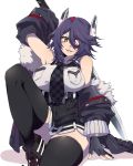  ara_taro armpit_peek black_gloves black_jacket black_legwear black_skirt checkered checkered_neckwear covered_navel eyepatch fur-trimmed_jacket fur_trim gloves headgear highres holding holding_sword holding_weapon jacket kantai_collection leg_lift looking_at_viewer necktie off_shoulder parted_lips partly_fingerless_gloves pocket purple_hair remodel_(kantai_collection) shadow shirt sitting skirt sleeveless sleeveless_shirt smile solo sword tenryuu_(kantai_collection) thighhighs weapon white_background white_shirt yellow_eyes 