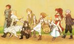  4girls alfyn_(octopath_traveler) animal apple bare_shoulders black_hair blonde_hair book boots bow_(weapon) bracelet brown_hair closed_eyes closed_mouth cyrus_(octopath_traveler) elbow_gloves everyone food fruit gloves h'aanit_(octopath_traveler) hat high_heels highres jewelry long_hair looking_at_another magnifying_glass midriff mozuku_(mozuuru0323) multiple_boys multiple_girls necklace octopath_traveler olberic_eisenberg one_knee open_book open_mouth ophilia_(octopath_traveler) ponytail primrose_azelhart profile quiver scar scarf short_hair side_slit therion_(octopath_traveler) tressa_(octopath_traveler) walking weapon 