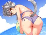  1girl animal_ears ashroa_(cougar1404) ass back ball beachball bikini blue_sky cat_ears cat_girl cat_tail closed_mouth cloud cloudy_sky commentary cougar_(cougar1404) cowboy_shot day grey_bikini grey_hair holding holding_ball horizon leaning_forward light_frown looking_at_viewer looking_back ocean original outdoors short_hair side-tie_bikini_bottom sky solo standing swimsuit tail wet yellow_eyes 