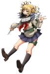  1girl bangs belt blonde_hair blue_skirt blunt_bangs boku_no_hero_academia cardigan double_bun fangs full_body hair_bun kneehighs knife loafers messy_hair neckerchief open_mouth pleated_skirt school_uniform serafuku shoes skirt slit_pupils solo suzurino thigh_strap toga_himiko tongue utility_belt weapon yellow_eyes 