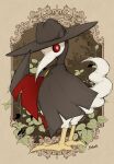 animal_mask avian beak beak_mask bird black_body black_feathers clothing detailed_background feathers feet feral hat headgear headwear hi_res incawgnito mask motoiwork palworld plague_doctor red_eyes solo talons toes