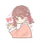  1girl bow brown_hair closed_mouth commentary_request cropped_torso frilled_sleeves frilled_sweater frills hair_bow hands_up heart long_sleeves looking_at_viewer lowres messy_hair necono_naco no_nose original own_hands_together palms_together pink_bow pink_eyes short_hair signature simple_background smile solo turning_head upper_body white_background 