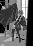  1boy 1girl bed cape chisato_madison dias_flac earrings greyscale high_heels highres jewelry mitsuba_001 monochrome open_mouth pointy_ears short_hair smile star_ocean star_ocean_the_second_story window 