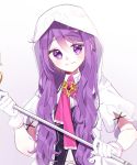  1girl aether_sage_(elsword) aisha_(elsword) blush cloak el_patzzi elsword eyebrows_visible_through_hair highres hood hood_up hooded_cloak long_hair purple_eyes purple_hair smile symbol wand 