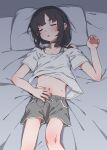  1girl akari_(raigou) bed_sheet black_hair blush bra closed_eyes dolphin_shorts grey_shorts hand_on_own_stomach highres lying navel on_back on_bed original parted_lips pillow raigou shirt short_sleeves shorts sleeping solo stomach sweat t-shirt training_bra underwear white_shirt 