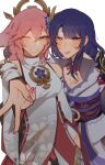  2girls ? absurdres animal_ears artist_name blush breasts closed_eyes genshin_impact highres large_breasts lipstick_mark lipstick_mark_on_breast lipstick_mark_on_face multiple_girls ommsubi one_eye_closed parted_lips pink_hair purple_eyes purple_hair raiden_shogun vocaloid yae_miko yuri 