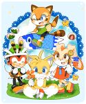  2boys 2girls animal_ears bee_boy brown_fur bug butterfly charmy_bee cream_the_rabbit dress fox_boy fox_ears fox_tail furry furry_female furry_male green_shirt highres kusunoki_cherry low_twintails marine_the_raccoon multiple_boys multiple_girls orange_dress orange_footwear orange_fur pinwheel rabbit_ears rabbit_girl rabbit_tail raccoon_ears raccoon_girl raccoon_tail shirt sonic_(series) strapless strapless_shirt tail tails_(sonic) twintails 