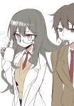  1boy 1girl biting_hair character_request closed_mouth coffee coffee_mug cup expressionless futaba_rio glasses grey_eyes grey_hair half-closed_eyes highres holding holding_cup lab_coat mug necktie open_clothes red_necktie school_uniform seishun_buta_yarou shirousa shirt steam unbuttoned vest white_background white_shirt 