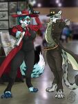 absurd_res alucard_(hellsing) anthro canid canine clothed clothing convention cosplay crossover crossover_cosplay duo felid female fox fully_clothed gun handgun hellsing hi_res jojo&#039;s_bizarre_adventure jotaro_kujo looking_at_viewer male mammal pantherine pistol ranged_weapon smile snow_leopard standing sydney_onmars weapon