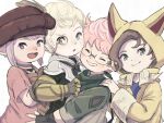  2boys 2girls :d :o animal_hood beret blonde_hair brown_hair closed_eyes final_fantasy final_fantasy_xiv glasses green_eyes grin hand_on_another&#039;s_shoulder hat hood krile_mayer_baldesion_(ff14) lalafell looking_at_viewer monocle multiple_boys multiple_girls nomu_poncha papalymo_totolymo pink_eyes pink_hair short_hair smile tataru_taru upper_body warrior_of_light_(ff14) white_background white_eyes 