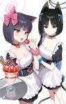  2girls absurdres animal_ears apron bad_anatomy bad_leg bell black_choker black_dress black_eyes black_hair blue_archive blue_halo blue_scrunchie blush breasts cat_ears cat_tail choker cleavage closed_mouth colored_inner_hair dress food frilled_apron frills fruit halo highres holding holding_food holding_fruit holding_tray jingle_bell kazusa_(blue_archive) kikyou_(blue_archive) looking_at_viewer medium_breasts multicolored_hair multiple_girls open_mouth parfait pink_hair pink_halo pink_scrunchie puffy_short_sleeves puffy_sleeves red_eyes scrunchie short_hair short_sleeves simple_background strawberry taccho tail tray two_side_up waist_apron white_apron white_background wrist_scrunchie 