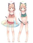  2girls absurdres animal_ear_headphones animal_ears bikini blonde_hair blue_archive blush bow cat_ear_headphones collarbone fake_animal_ears fake_tail frilled_bikini frills full_body green_bow green_eyes green_halo groin hair_bow halo headphones highres holding holding_swim_ring kamotsu_yasai looking_at_viewer looking_to_the_side low-tied_sidelocks midori_(blue_archive) momoi_(blue_archive) multiple_girls navel open_mouth pink_eyes pink_halo red_bikini red_bow short_hair siblings side-tie_bikini_bottom sisters smile standing sweatdrop swim_ring swimsuit tail twins white_background 