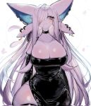  1girl animal_ears black_choker black_dress breasts choker cleavage clothed_pokemon colored_skin corrupted_twitter_file detached_sleeves dress ear_piercing espeon forked_tail furry furry_female hair_over_one_eye highres huge_breasts large_ears long_hair looking_at_viewer one_eye_covered personification piercing pokemon pokemon_(creature) purple_eyes purple_fur purple_skin solo tail thick_thighs thighhighs thighs usa37107692 very_long_hair white_background 