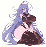  1girl ahoge animal_ears black_leotard blue_hair breasts cleavage_cutout clothing_cutout commentary_request covered_navel ear_piercing genderswap genderswap_(mtf) gloves heart_cutout hedgehog_ears highres leotard long_hair majin_sonic open_mouth personification piercing sitting sleeveless solo sonic_(series) thick_thighs thighhighs thighs usa37107692 very_long_hair white_background white_gloves 