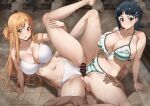  1boy 2girls alternate_breast_size asuna_(sao) bar_censor bathhouse bikini black_hair blush bob_cut braid breasts brown_eyes brown_hair cameltoe censored cleavage clothed_female_nude_male collarbone commission cooperative_grinding english_commentary ffm_threesome french_braid frilled_bikini frills front-tie_bikini_top front-tie_top fuooooo green_bikini grinding group_sex hair_ornament hairclip hetero highres huge_breasts indoors kirigaya_suguha large_breasts leg_up long_hair looking_at_viewer mixed-sex_bathing multiple_girls nude penis pussy_sandwich shared_bathing short_hair short_ponytail side-tie_bikini_bottom skeb_commission smile spread_legs striped_bikini striped_clothes swimsuit sword_art_online threesome tile_floor tiles white_bikini 