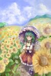  artist_name bangs blue_sky brown_footwear cloud cravat day flower frilled_skirt frills from_above full_body garden_of_the_sun green_hair hair_between_eyes highres hill holding holding_umbrella kazami_yuuka loafers long_sleeves looking_away looking_up mountain nagayo open_clothes open_vest outdoors pantyhose plaid plaid_skirt plaid_vest red_eyes shirt shoes short_hair skirt sky smile solo standing summer sunflower touhou umbrella untucked_shirt vest white_legwear white_shirt yellow_neckwear 