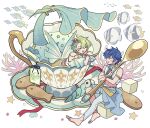  2boys barefoot blue_hair butterflyfish closed_eyes clownfish coral cracker cup ensemble_stars! fish food full_body gold_trim green_hair holding holding_spoon in_container in_cup leaning_on_object male_focus meremero merman monster_boy monsterification multiple_boys open_mouth oversized_object sazanami_jun seashell shell short_hair sitting smile spoon starfish sugar_cube tomoe_hiyori tropical_fish water 