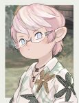  1boy blue_eyes border collared_shirt expressionless final_fantasy final_fantasy_xiv glasses heterochromia jewelry lalafell looking_at_viewer male_focus necklace nomu_poncha outside_border pink_hair shirt short_hair v-neck warrior_of_light_(ff14) white_border 