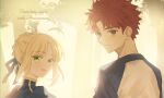  1boy 1girl ahoge anniversary artoria_pendragon_(fate) backlighting blonde_hair blue_ribbon emiya_shirou fate/stay_night fate_(series) forest green_eyes grey_eyes hair_ribbon highres looking_at_viewer looking_back nature outdoors parted_lips printemps red_hair ribbon saber_(fate) smile upper_body 