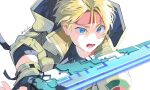  1boy anime_coloring blonde_hair blue_eyes claude_kenni gloves headband highres hood hooded_jacket jacket male_focus open_mouth shiohi simple_background solo star_ocean star_ocean_the_second_story sword weapon white_background 