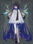  1girl asymmetrical_sidelocks barefoot bell_sleeves black_hair blue_eyes blue_hair blue_skin colored_inner_hair colored_skin cowlick cracked_skin dairoku_ryouhei dress energy_wings expressionless full_body gradient_hair gradient_skin gradient_wings grey_background hair_between_eyes hair_intakes leg_tattoo long_hair long_sleeves looking_to_the_side mechanical_wings multicolored_hair multicolored_wings necktie oriti4 purple_eyes purple_hair short_dress short_necktie sidelocks sleeves_past_fingers sleeves_past_wrists solo standing starry_hair tattoo trapeze_dress two-tone_eyes very_long_hair white_dress white_necktie wings 