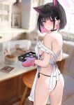  1girl animal_ears apron ass black_choker black_hair black_panties blue_archive blurry blurry_background breasts cat_ears choker cirilla_lin colored_inner_hair extra_ears food hair_ornament hairclip highres holding holding_tray indoors kazusa_(blue_archive) large_breasts looking_at_viewer macaron multicolored_hair no_bra panties pink_eyes pink_hair solo tray two-tone_hair underwear white_apron 