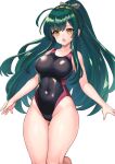  1girl ahoge akahara_tyun black_one-piece_swimsuit competition_swimsuit covered_navel feet_out_of_frame green_hair green_hairband hairband highleg highleg_swimsuit long_hair one-piece_swimsuit open_mouth orange_eyes original simple_background solo standing swimsuit two-tone_swimsuit white_background wide_ponytail 