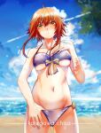  1girl beach bikini blue_bikini blue_sky blurry blurry_background breasts brown_eyes brown_hair character_name cloud collarbone commentary_request grand_blue hair_between_eyes hand_on_own_chest highres kotegawa_chisa looking_at_viewer medium_breasts mizupein navel ocean puckered_lips short_hair short_hair_with_long_locks sky solo swimsuit underboob 