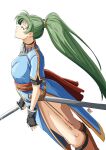  1girl artist_logo ass automatic_giraffe black_gloves blue_dress boots breasts brown_footwear dated dress dutch_angle fingerless_gloves fire_emblem fire_emblem:_the_blazing_blade gloves green_eyes green_hair highres holding holding_sword holding_weapon long_hair looking_up lyn_(fire_emblem) pelvic_curtain ponytail sheath simple_background solo sword weapon white_background 