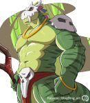 anthro biped countershade_face countershade_neck countershade_torso countershading dingding_(artist) green_body hi_res male muscular muscular_anthro muscular_male pecs scalie solo striped_body stripes tail terraria witch_doctor_(terraria)
