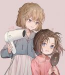  2girls :d blue_eyes blue_jacket bob_cut brown_hair cable child crossed_bangs drawstring dress drying drying_hair english_commentary grey_background haibara_ai hair_between_eyes hair_dryer hand_mirror hands_up holding holding_hair_dryer holding_mirror hood hood_down hooded_jacket jacket light_brown_hair long_sleeves looking_at_another looking_at_viewer meitantei_conan mirror multiple_girls open_mouth pajamas parted_bangs simple_background smile white_dress yoshicha yoshida_ayumi 