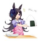  1girl :d animal_ears apron black_hair blue_bow blue_flower blue_headwear blue_rose bow flower food hair_over_one_eye hat hat_flower holding holding_food horse_ears long_hair nejikyuu notice_lines onigiri outstretched_arms pink_apron puffy_short_sleeves puffy_sleeves purple_eyes purple_shirt rice rice_shower_(umamusume) rose school_uniform shirt short_sleeves simple_background smile solo swept_bangs tilted_headwear tracen_school_uniform twitter_username umamusume upper_body very_long_hair white_background 